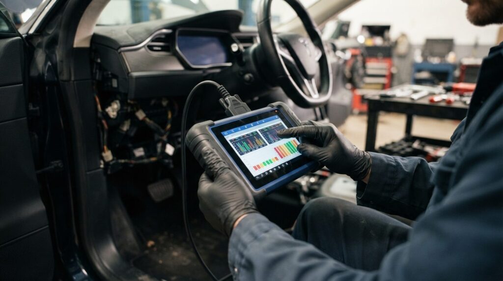 Close-up detail shot of a mechanics hands checking the elec