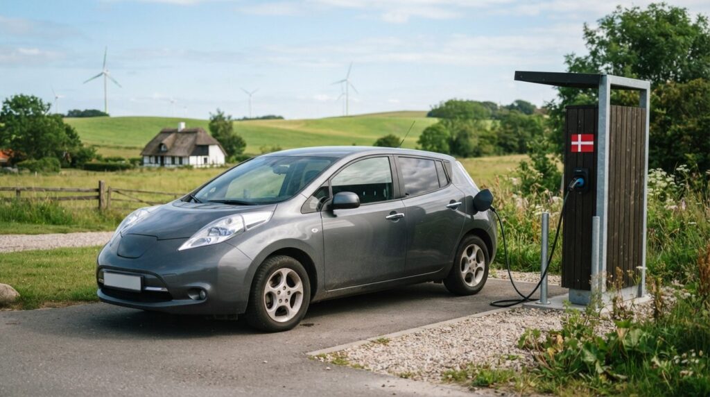 Wide angle shot of a used electric car at a charging station