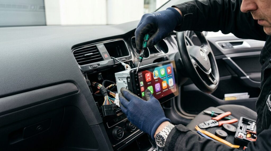 Close-up photorealistic shot of a technicians hands install
