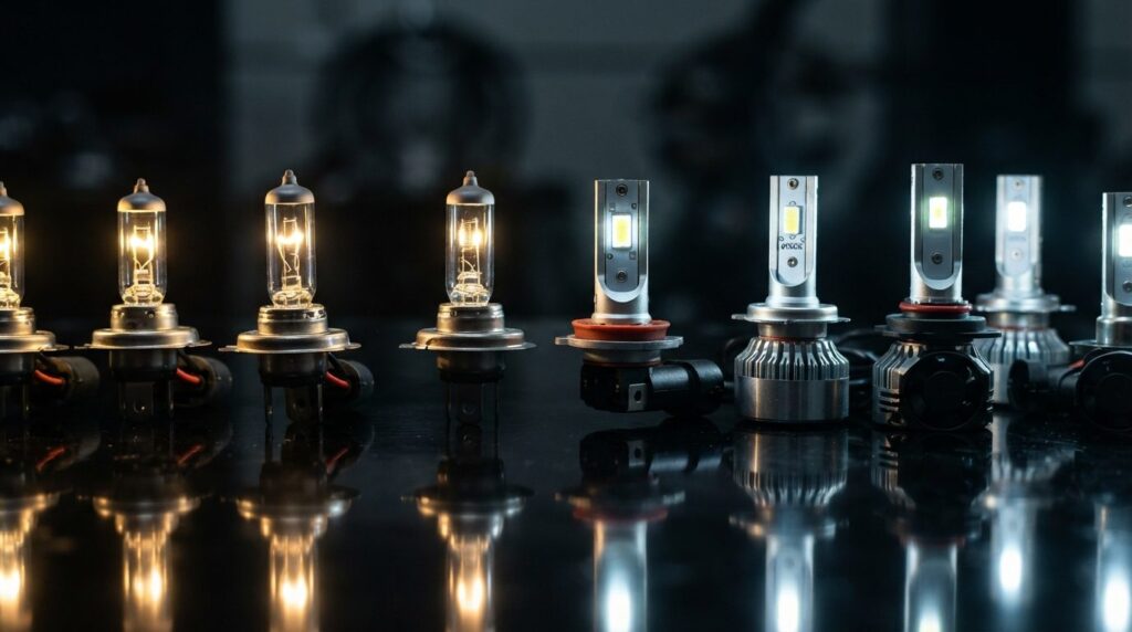 Close-up technical photograph of LED car light bulbs and hal