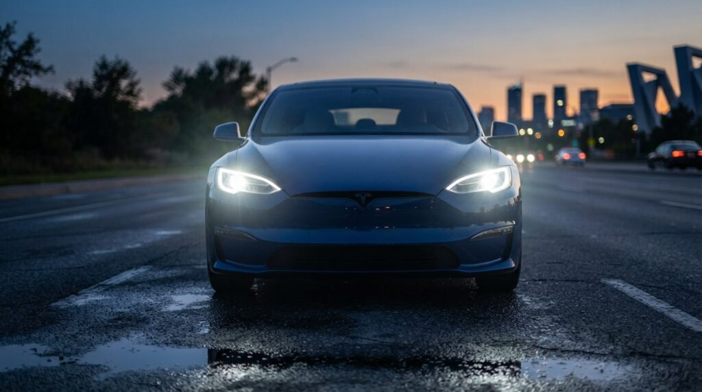 Modern electric vehicle front view at dusk with LED headligh