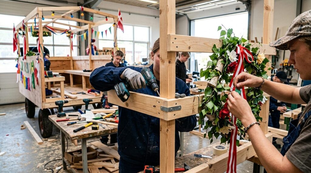 Close-up detailed view of a studentervogn being constructed 