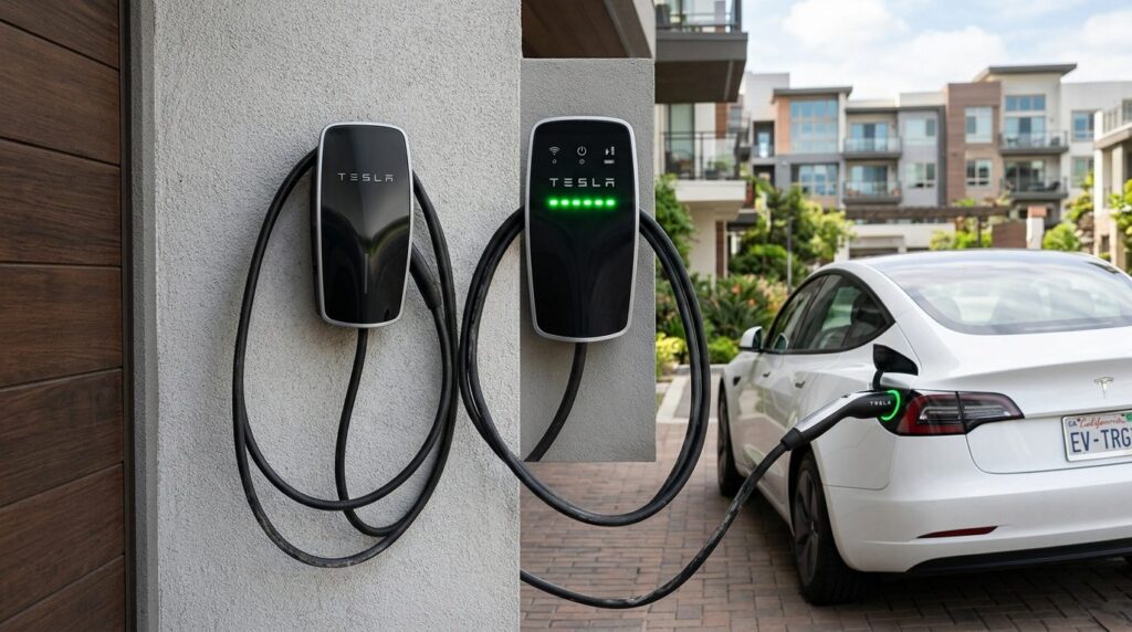 Close-up of an active charging station mounted on a resident
