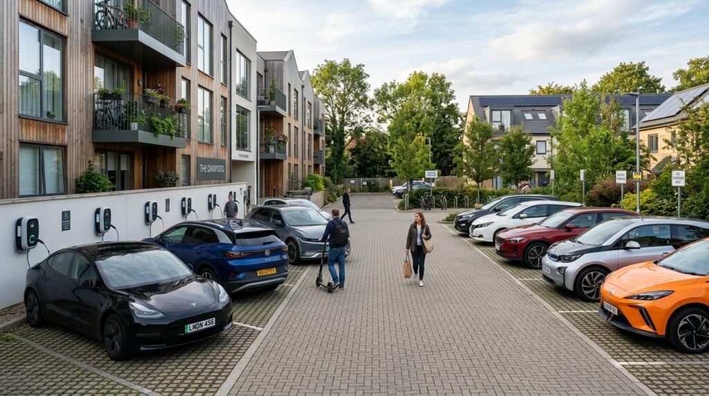 Wide angle view of a shared residential parking garage or lo