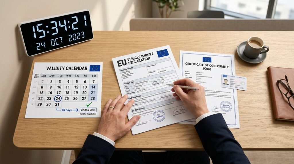 Ovenfra billede af hænder, der gennemgår EU-dokumenter til bilimport.