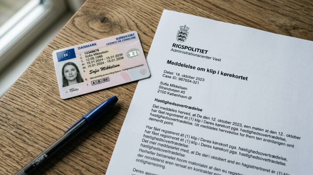 Close-up of a Danish driving license and official demerit po