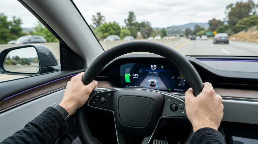 Modern electric car dashboard showing speedometer and digita