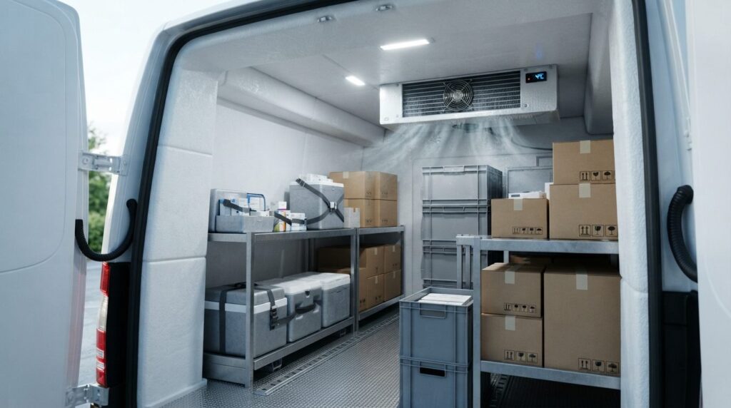 Close-up view of refrigerated van interior showing temperatu