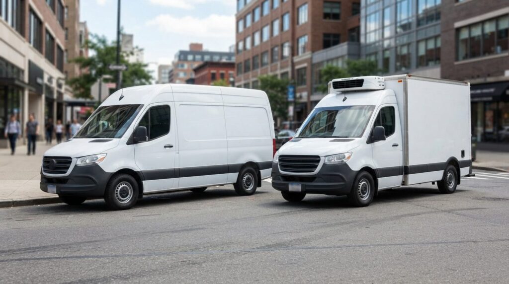 Side-by-side comparison scene showing a standard white cargo
