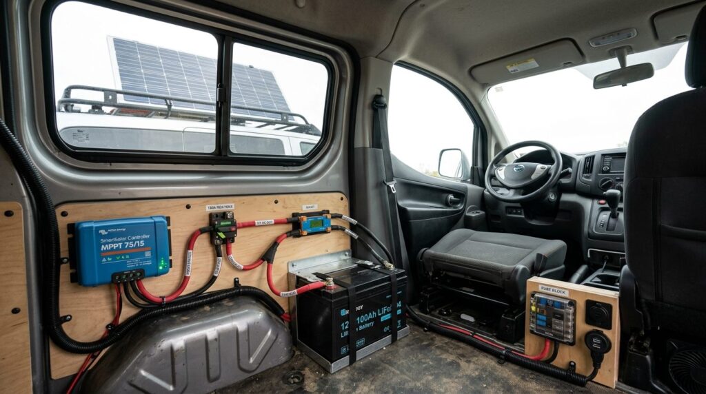 Komplet 12V solcelleanlæg med panel, ladekontroller og batteri monteret sammen.
