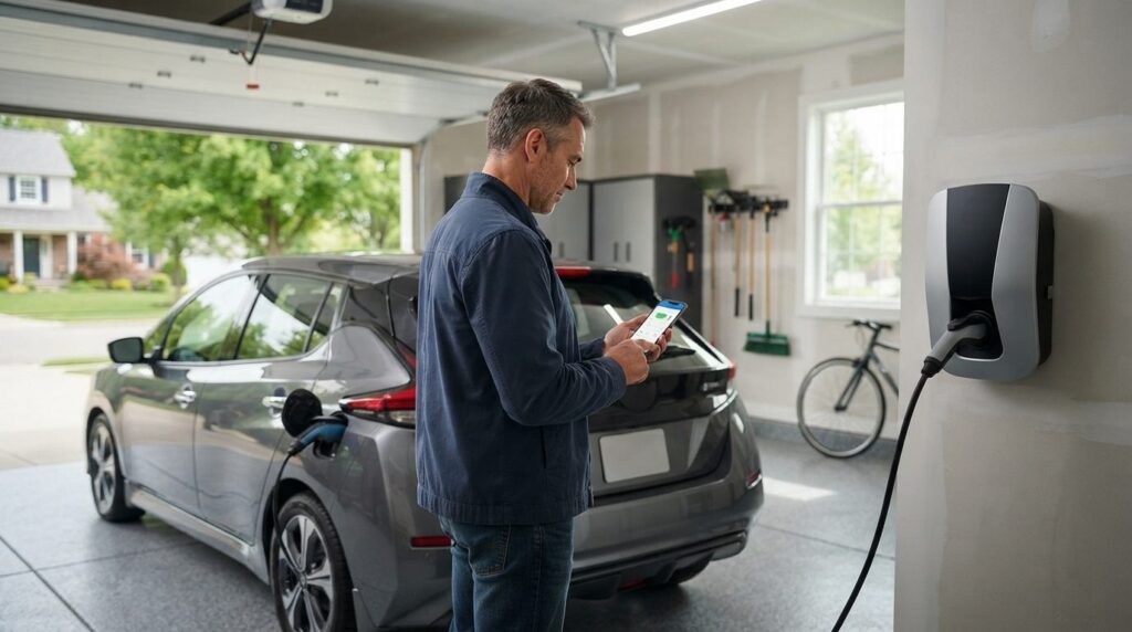 Wide angle professional photograph of an EV owner checking t