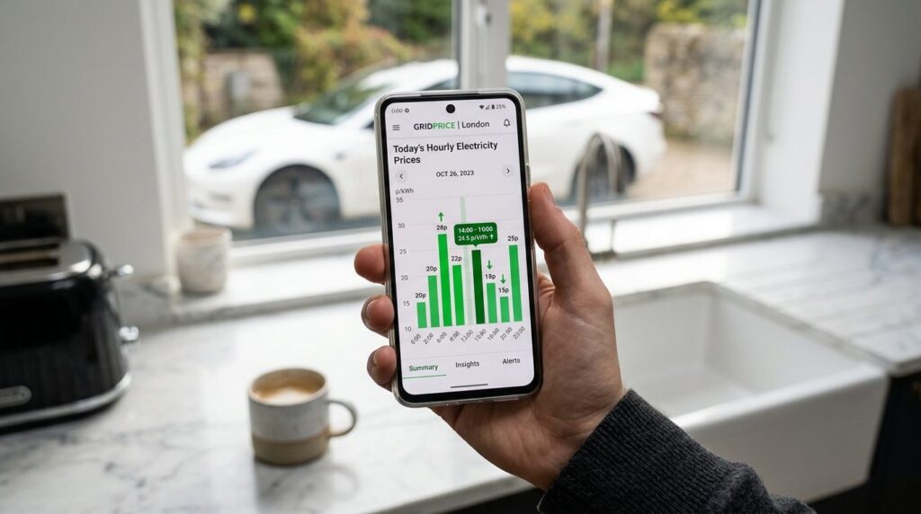 Smartphone viser elpriser i realtid på charger-app, hvor bruger tjekker tariffer før opladning.